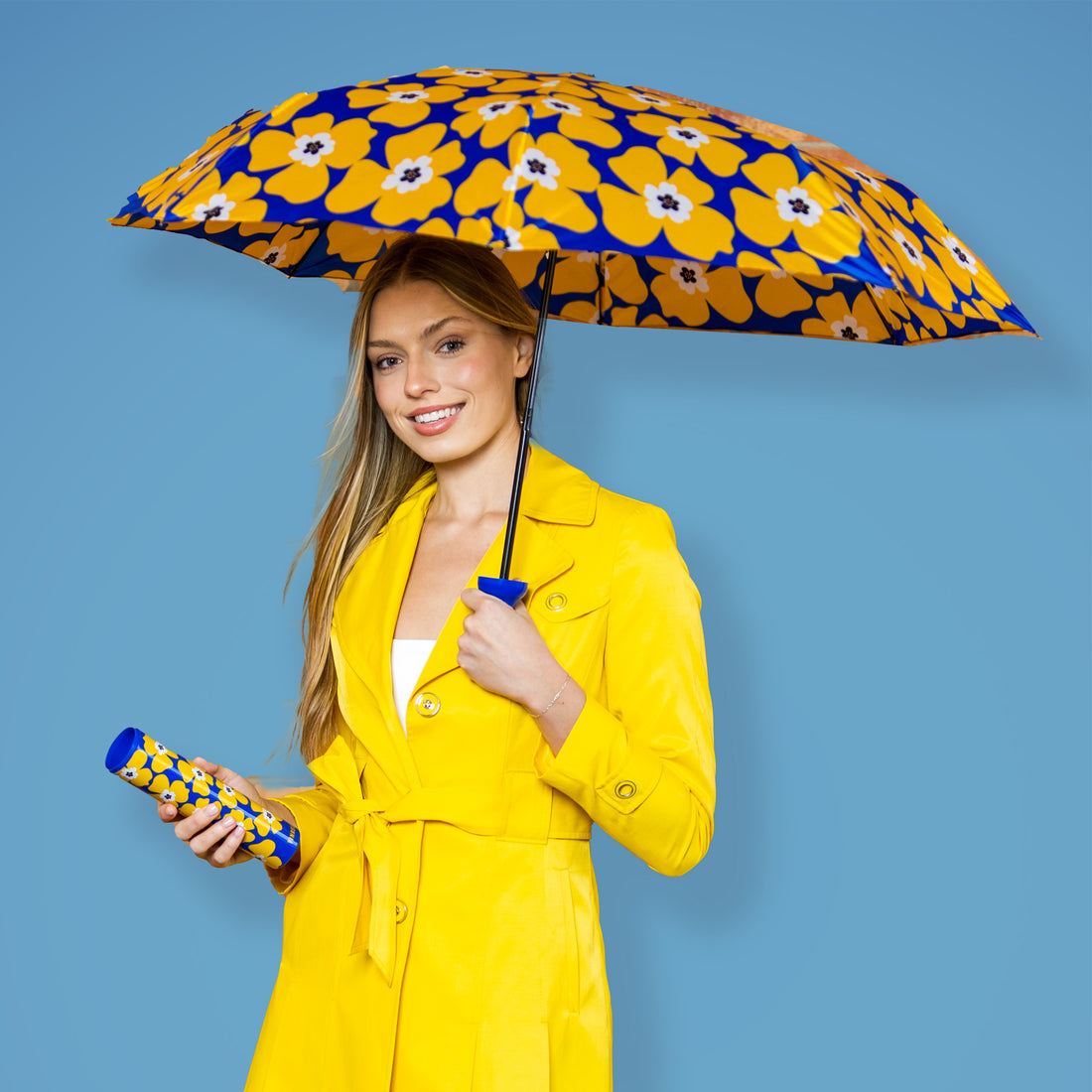  Yellow and Blue Patterned Umbrella by Vinrella with Yellow raincoat style
