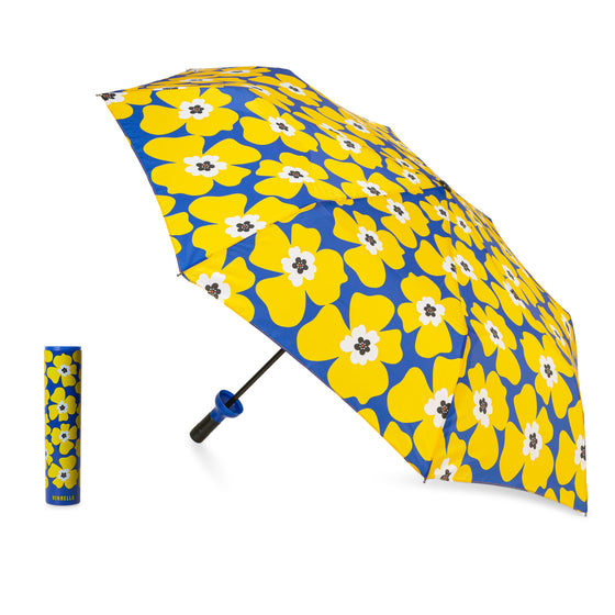 Blue and Yellow Graphic Floral Umbrella Vinrella Umbrella open